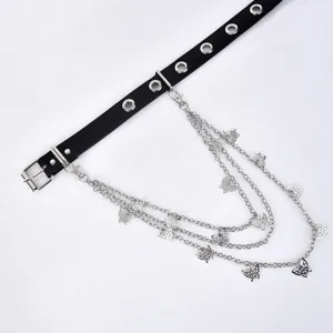 Punk Style Women Waist Chain Belt Multi-layer Metal Butterfly Chain Black PU Leather Belt Gothic Hip Hop Streetwear Accessories