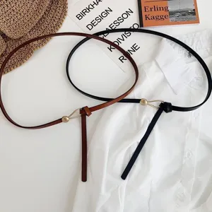 Women thin PU leather belt versatile knot decorative waist belt for dress sweater black brown