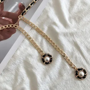 Elegant women gold chain belt with leather weave and pearl flower charms for dress coat main view