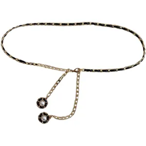 Women fashion metal chain belt with black leather weave and pearl camellia flower pendant.