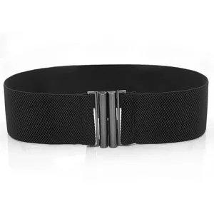 Close-up detail of the black wide elastic waist belt, featuring a sleek metal interlock buckle.