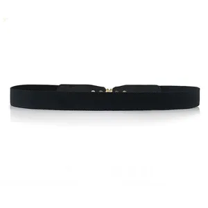 Donna cintura elastica sottile nera con elegante fibbia in metallo a foglia dorata moda