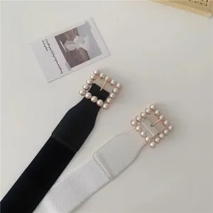 Wide elastic waist belt for women with elegant pearl square buckle chic dress accessory