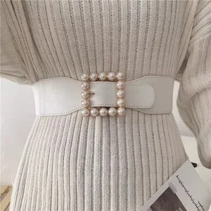 White elastic waist belt for women with pearl square buckle fashionable dress accessory