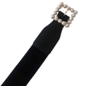 European style women's black elastic waist belt with pearl square buckle, fashionable wide cincher.