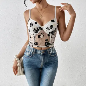 Sexy Sheer Mesh Embroidered Lace-Up Crop Top Women V-Neck Camisole Outer Wear Underwired Floral Bralette Top