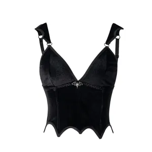Gothic Velvet Boning Cami Top Women Hot Girl Halloween Bat Wing Hem Metal Pendant Corset V-Neck Outerwear Short Strap Blouse