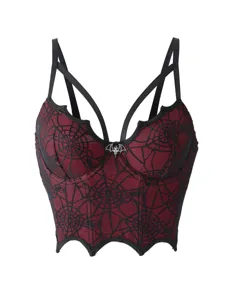Gotisches rot-schwarzes Spinnennetz Spitzenkorsett Crop-Top mit Fledermaus-Anhänger detail