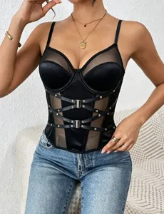 Gothic schwarzes Mesh Korsett Oberteil mit Lederriemen und Schnallen sexy Partywear Damen