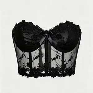 Black lace mesh corset bustier featuring floral embroidery, boned bodice, and bow detail.