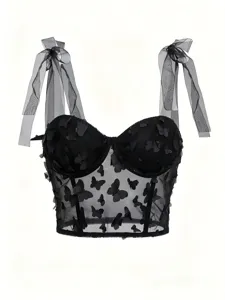 Black Gothic 3D Butterfly Sheer Mesh Corset Crop Top Featuring Shoulder Tie Straps Detail