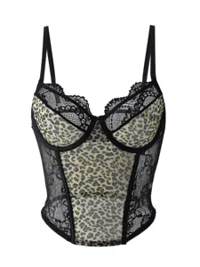 Leopard print lace corset detail, sheer mesh fabric, black trim and adjustable straps.