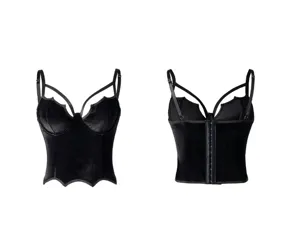 Black velvet gothic corset top featuring striking bat wing hem and strappy details.