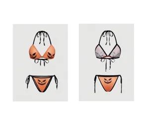 Vista detallada del conjunto de bikini de calabaza de Halloween con tirantes y cordones.