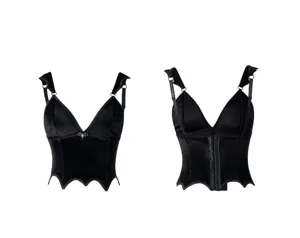 Gothic black velvet corset top featuring a bat wing hem and unique bat pendant detail.