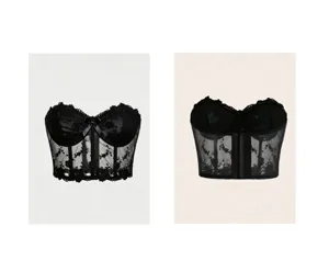 Black lace corset top detail, sheer mesh embroidery, boned bustier, gothic crop top.