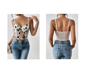 Sexy mesh camisole crop top with floral embroidery and side lace-up details for women.