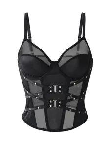 Schwarzes gotisches Mesh-Korsett Oberteil mit Trägern, Stäbchen und Schnallen für Damen.