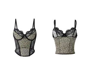Leopard print lace boned corset camisole, detailed view of sexy slim fit push-up lingerie top.