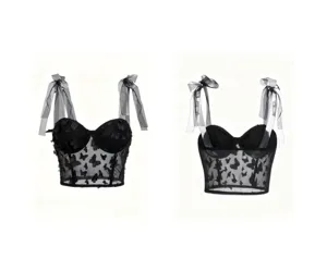 Black sheer mesh corset crop top featuring 3D butterfly appliques and sweet cool gothic style.