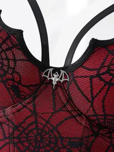 Rot schwarzes Spinnennetz Korsett Crop Top Gothic Halter Camisole mit Silber Fledermaus