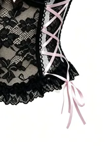 Schwarzes und weißes Spitzenkorsett Top mit rosa Schleife, sexy Unterkulturkurztop.