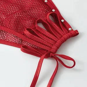Red mesh lingerie detail, sexy cutout strappy design with metal rivets, premium quality.