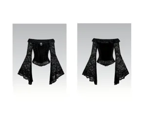 Gothic Schwarzes Samtoberteil mit zarten Spitzen-Trommelärmeln, schulterfreies Design, Detail.