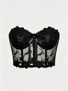 Black mesh lace corset top gothic strapless boned bustier floral embroidered streetwear