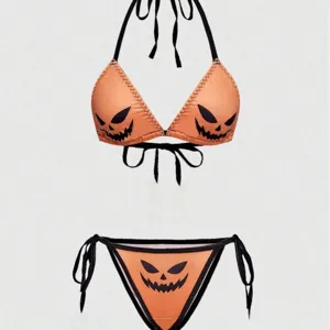 Conjunto de bikini de calabaza de Halloween con sujetador halter y braguita estilo gótico.