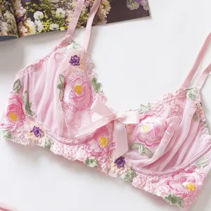 Pink floral mesh embroidered bralette with delicate strap and sweet bow decoration for women.