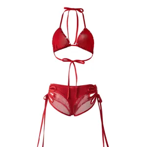 Red sexy halter bikini set lingerie with mesh cutout and adjustable straps for women detail.