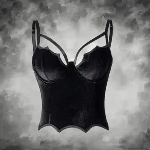 Gothic Dark Style Women Velvet Camisole Top Sexy Corset Front Buttons V-Neck Irregular Hem Multi-Strap Solid Color Short Outer Wear Crop Top