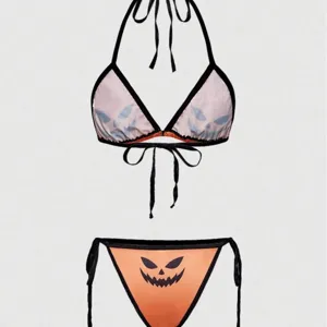 Conjunto de bikini halter gótico sexy de Halloween con estampado de cara de calabaza.