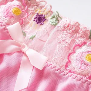 Pink floral lace mesh lingerie set strap bra and skirt sweet sexy underwear details
