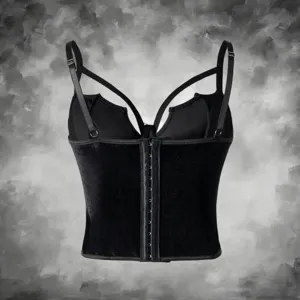 Black velvet gothic corset top with straps, punk style lace-up sexy crop vest for women.
