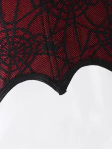 Rot-schwarzes Spinnennetz Korsett Oberteil Detail Ansicht, Gothic Stil kurzes Top Detail.