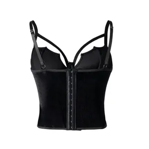 Black velvet gothic corset top featuring front hook closure and sexy chic strap details.