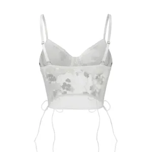 White sheer mesh camisole top with floral embroidery, sexy lace-up corset crop vest.