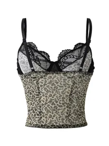 Leopard print lace corset top detail view, featuring black floral lace trim and adjustable straps.