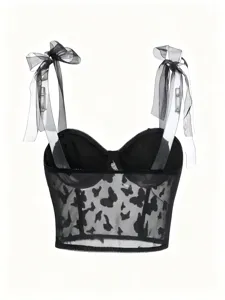 Black gothic sheer mesh corset top detail featuring butterfly print and chic bow shoulder straps.