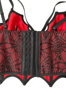 Halloween Gothic Spinnennetz Korsett Top, rot-schwarze Spitzen Bustier Trägershirt.