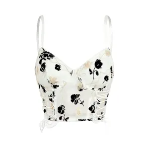 Sexy mesh sheer camisole crop top for women, white floral embroidered bustier with side lace-up.