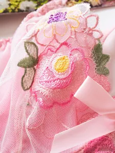 Pink floral mesh embroidery lingerie set detail view showing exquisite craftsmanship and ribbon.