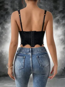 Women black gothic corset top sexy sleeveless backless spaghetti strap camisole vest