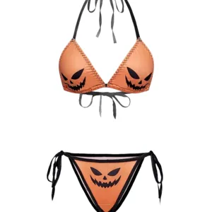 Conjunto de bikini halter gótico con cara de calabaza de Halloween lencería sexy principal