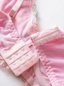 Close-up detail view showing the adjustable straps and three-row hook closure on a pink lace bra.