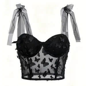Dark Gothic Women Camisole Top Black Polyester Corset Top See Through Mesh 3D Butterfly Boning Tight Bustier Top Everyday Party
