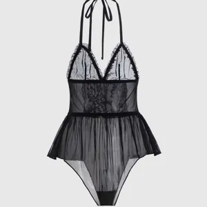 Sexy body lingerie trasparente halter in pizzo nero, babydoll in tulle per le donne.