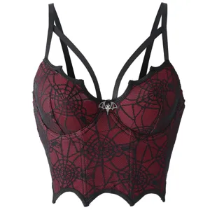 Gothic Halloween Spinnennetz Korsett Bustier Cami Top Für Damen Dunkel Weinrot Spitzen-Patchwork Zusammengesetzt Miederstäbchen Bügel Unterwäsche BH